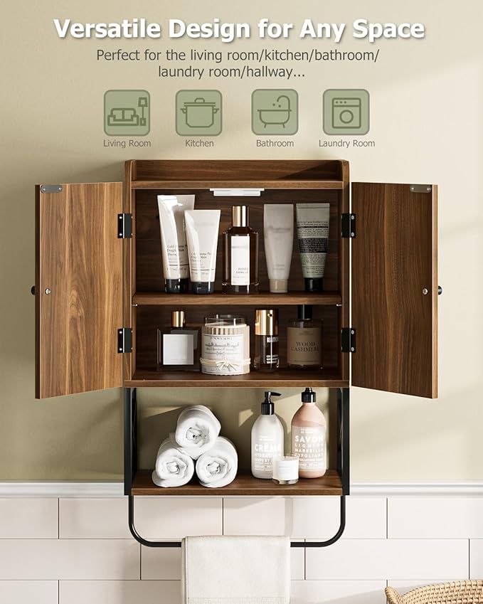 Masupu Bathroom Cabinet Wall Mounted, Wooden Medicine Cupboard with Adjustable Shelves, Space-Saving Wall Storage Unit for Bathroom, Kitchen and Living Room (9"D x 15.35"W x 27.16"H,Country Walnut)