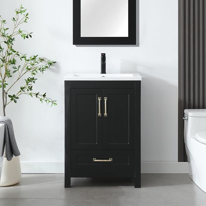 LUCKWIND 24" Bathroom Vanity and Sink Combos, Modern Bathroom Storage Painted Cabinet with Undercounter Ceramic Single Sink Top, Matte Black Faucet and Drawer, Mirror Not Included, Black