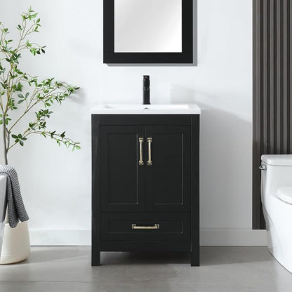 LUCKWIND 24" Bathroom Vanity and Sink Combos, Modern Bathroom Storage Painted Cabinet with Undercounter Ceramic Single Sink Top, Matte Black Faucet and Drawer, Mirror Not Included, Black