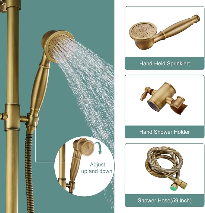 Heyalan Exposed Shower System, 8 Inch Rain Head, Handheld,Antique Brass | Exposed shower system with 8 inch rain head, handheld sprayer, single handle control, and complete wall-mounted setup.