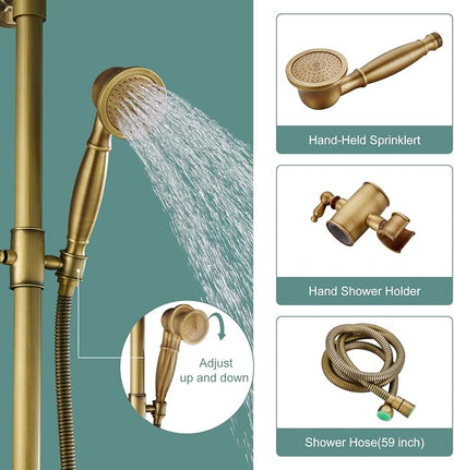 Heyalan Exposed Shower System, 8 Inch Rain Head, Handheld,Antique Brass | Exposed shower system with 8 inch rain head, handheld sprayer, single handle control, and complete wall-mounted setup.
