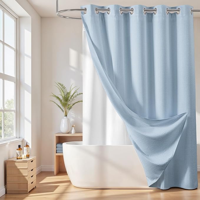 River Dream Cotton Blend No Hook Shower Curtain with Liner, Blue, 71x74 | with Snap in Liner, Heavyweight Waffle Fabric, Hotel Grade for Bathroom, Water Repellent, Corner Magnets, Machine Washable