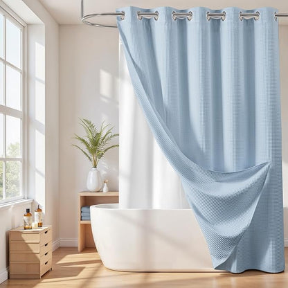 River Dream Cotton Blend No Hook Shower Curtain with Liner, Blue, 71x74 | with Snap in Liner, Heavyweight Waffle Fabric, Hotel Grade for Bathroom, Water Repellent, Corner Magnets, Machine Washable