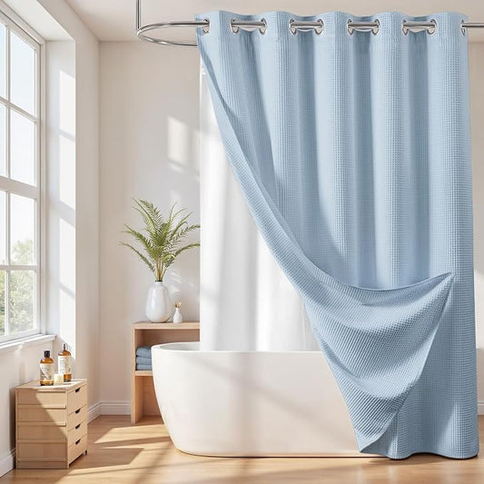 River Dream Cotton Blend No Hook Shower Curtain with Liner, Blue, 71x74 | with Snap in Liner, Heavyweight Waffle Fabric, Hotel Grade for Bathroom, Water Repellent, Corner Magnets, Machine Washable
