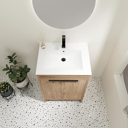 SSLine 24-Inch Bathroom Vanity with Sink Mid-Century Bathroom Vanities with Top Basin Floor Wood Bathroom Sink Cabinet with Soft-Close Doors & Adjustable Storage Shelves (Natural Brown)