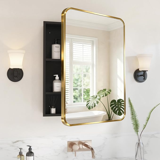 Medicine Cabinet Mirror 24x30 Inch, Gold Bathroom Mirror Cabinet with Stepless Adjustable Shelves, Stainless Steel Frame, Bathroom Mirror with Storage Recessed or Wall Mount