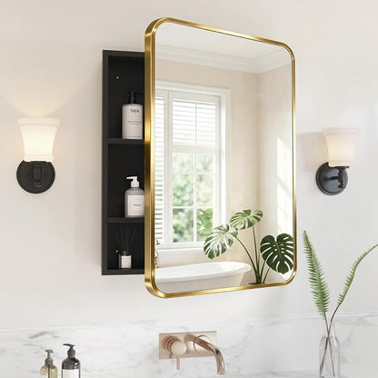 Medicine Cabinet Mirror 24x30 Inch, Gold Bathroom Mirror Cabinet with Stepless Adjustable Shelves, Stainless Steel Frame, Bathroom Mirror with Storage Recessed or Wall Mount