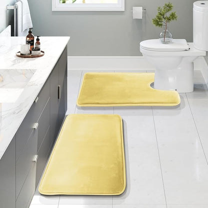 Clara Clark 2 Piece Bathroom Rugs, Velvet Memory Foam Bath Mat Set, Non-Slip Bath Rugs, Machine Wash, Dries Quickly, Ultra Soft Plush Bath Mats for Bathroom, 17 x 24 + Contour, Mellow Yellow