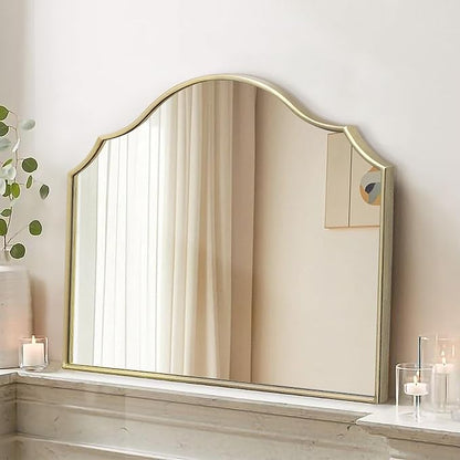 Besdomus Gold Wooden Vanity Mirror: 32"x24" Bathroom Mirrors for Over Sink | Scalloped Modern Minimalist Decorative Wall Mirror for Dresser/Mantel/Bedroom/Entryway/Fireplace/Nightstand/Dining Room