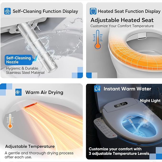 Electric Bidet Toilet Seat with Heated Seat, Warm Air Dryer, Endless Warm Water, Oscillating and Pulsating Spray Wash, Stainless Steel Self-Clean Nozzle, Sense Seat