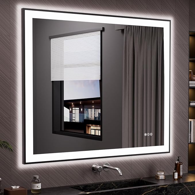 LOAAO 48"X40" LED Bathroom Mirror Black Framed | Anti-Fog, Dimmable, Memory Function, Tempered Glass, Lighted Vanity Mirror for Wall