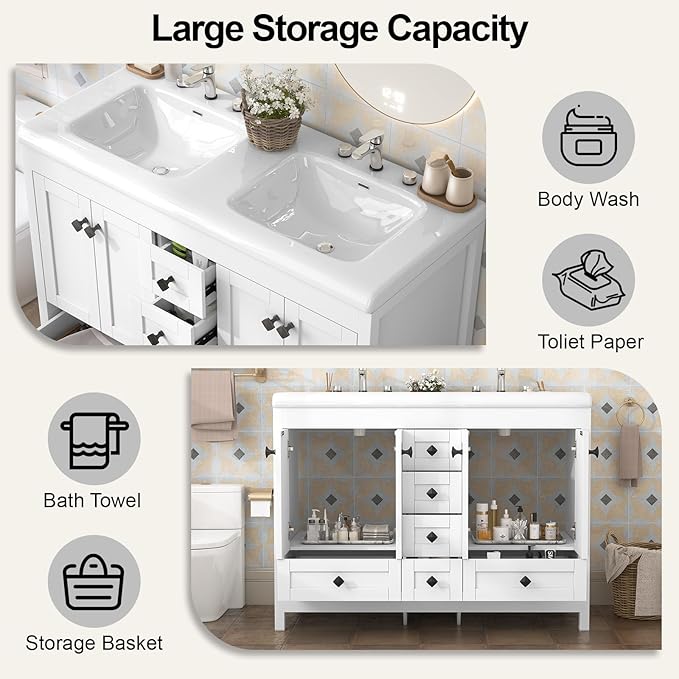 46.7 inch Bathroom Sink Vanity Combo, Large Freestanding Double Bath Vanity Sink Set with 2 Cabinets & 6 Drawers, Dual Basin Modern Bathroom Storage Cabinet, Modern White