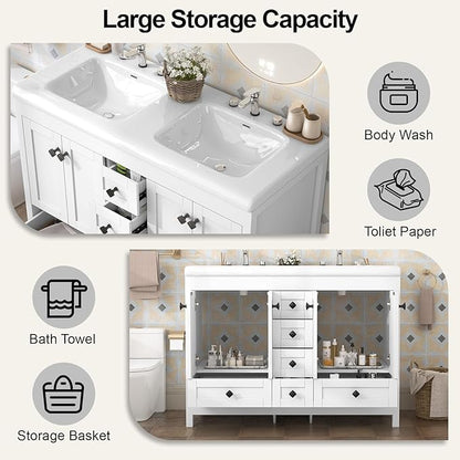46.7 inch Bathroom Sink Vanity Combo, Large Freestanding Double Bath Vanity Sink Set with 2 Cabinets & 6 Drawers, Dual Basin Modern Bathroom Storage Cabinet, Modern White