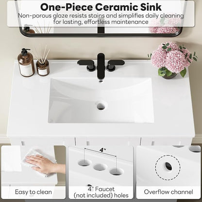 LIKIMIO 36" Bathroom Vanity with Sink, 2 Soft-Close Drawers & Doors, White | Freestanding Bathroom Vanity, Integrated Rectangular Ceramic Sink, Modern Bathroom Storage Cabinet, Assembly Required