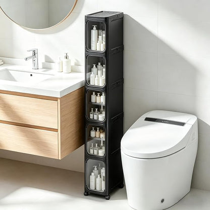LXLXXL 5-Tier Narrow Storage Cabinet Slim Bathroom Tall Skinny Organizer | Movable Slim Storage Cabinet with Lockable Rolling Wheels Adjustable Detachable Shelves Snap Assembly for Small Spaces,Black