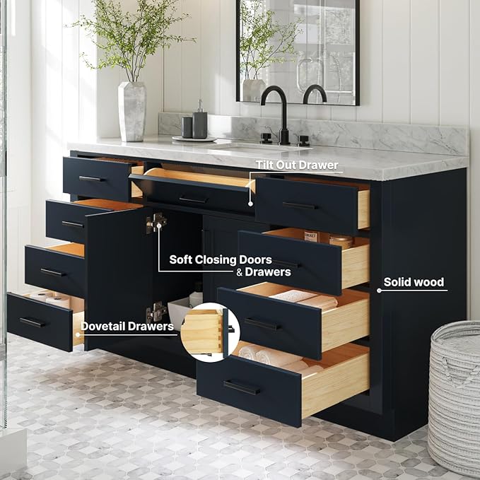 ARIEL Hepburn 66-inch Bathroom Vanity Base Cabinet,Solid Wood, 2 Soft Closing Doors, 9 Dovetail Drawers, Midnight Blue