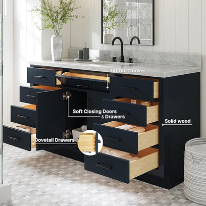 ARIEL Hepburn 66-inch Bathroom Vanity Base Cabinet,Solid Wood, 2 Soft Closing Doors, 9 Dovetail Drawers, Midnight Blue
