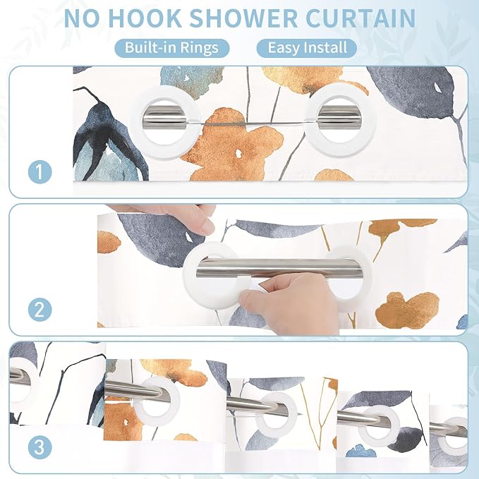 Litabel No Hook Blue Watercolor Floral Shower Curtain and Liner Set, 72x80 | Spring Flower Shower Curtains with Snap-in Liner for Farmhouse Bathroom Decor, Botanical Bathroom Curtain with Leaves
