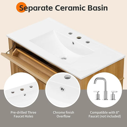 36" Modern Bathroom Vanity with Ceramic Sink, Tilt-Out Drawer & 2 Drawers, Solid Wood Frame Freestanding Storage Cabinet w/2 Soft-Close Doors & Adjustable Shelf, Rubberwood Handles, Wood