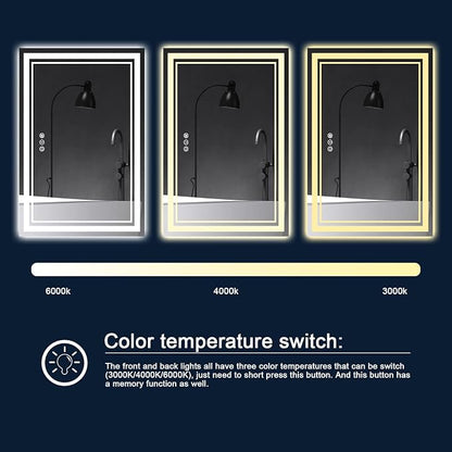 60x40 Inch LED Bathroom Mirror with Lights | Front and Backlit, 3 Colors, Dimmable, Memory, Anti Fog, Shatterproof, Horizontal/Vertical, Lighted Mirrors for Bathroom Wall