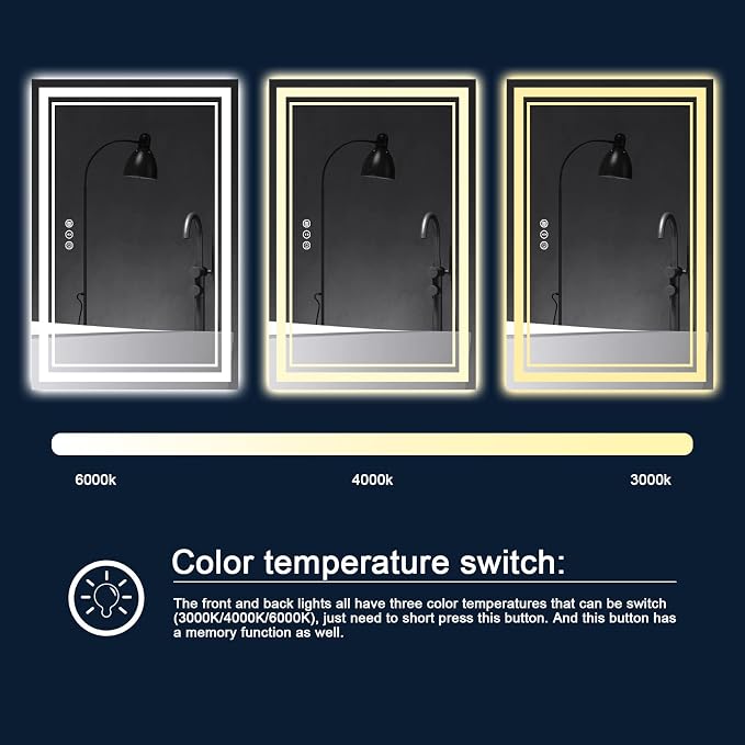 60x36 Inch LED Bathroom Mirror with Lights | Front and Backlit, 3 Colors, Dimmable, Memory, Anti Fog, Shatterproof, Horizontal/Vertical, Lighted Mirrors for Bathroom Wall