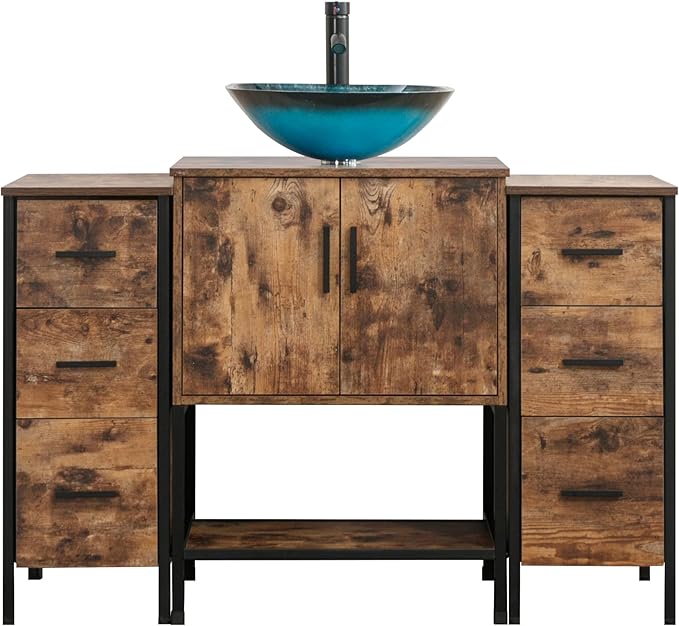 UEV 48" Antique Bathroom Vanity, Dark Brown Bathroom Vanity Set with Sink and 3 Drawers Side Cabinet Combo, Iron Wood Bathroom Cabinet with Adjustable Water Temperature Faucet (A10)