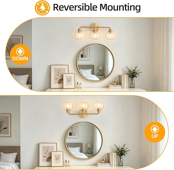 22 Inch Bathroom Light Fixtures Gold Vanity Light 3 Light Brushed Brass | Intrfimaso Wall Sconces Lighting with Clear Globe Glass Shades Bath Wall Lamp for Mirror Living Room Bedroom Hallway