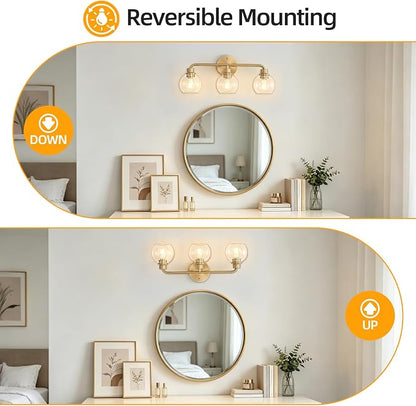 22 Inch Bathroom Light Fixtures Gold Vanity Light 3 Light Brushed Brass | Intrfimaso Wall Sconces Lighting with Clear Globe Glass Shades Bath Wall Lamp for Mirror Living Room Bedroom Hallway