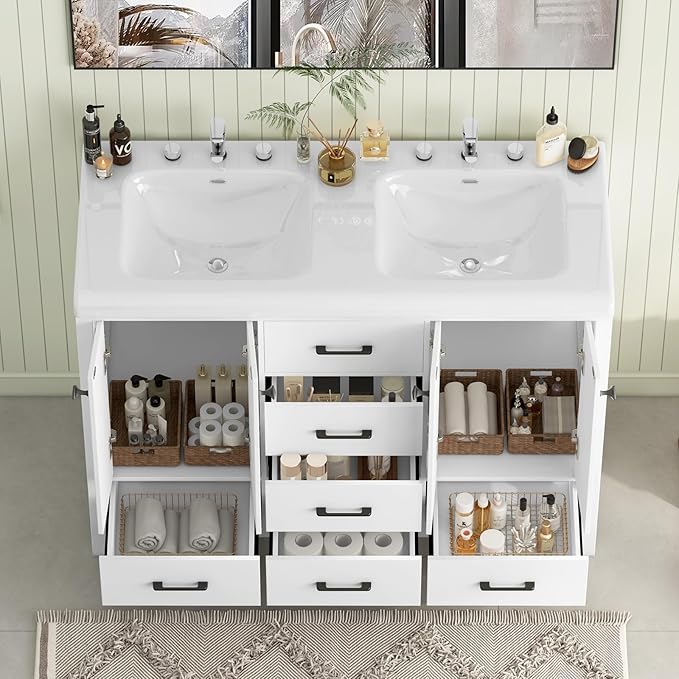 48" Bathroom Vanity with Sink Combo, Modern Bathroom Storage Cabinet with Double Sink Ceramic, 4 Doors and 5 Drawers, Space-Saving Storage Cabinet, White