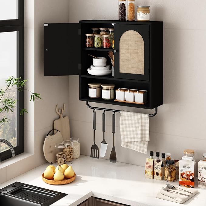 RUSTOWN Rattan Bathroom Wall Cabinet, Boho Medicine Cabinet with 2 Doors | Arched Doors, Farmhouse Over The Toilet Storage Cabinets, Adjustable Shelves, Towel Bar, 3-Tier Wall Mounted Cabinets