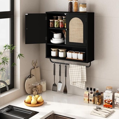 RUSTOWN Rattan Bathroom Wall Cabinet, Boho Medicine Cabinet with 2 Doors | Arched Doors, Farmhouse Over The Toilet Storage Cabinets, Adjustable Shelves, Towel Bar, 3-Tier Wall Mounted Cabinets