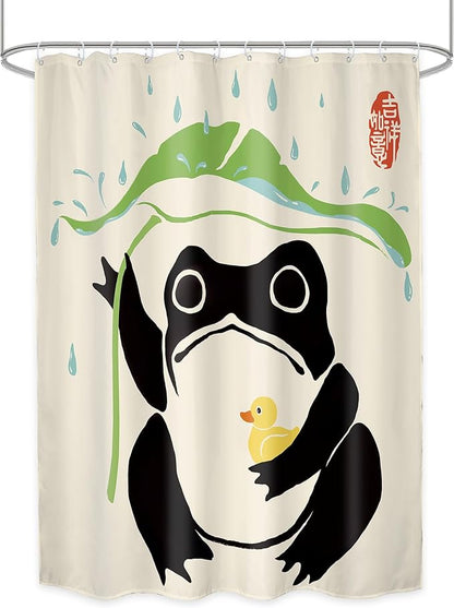LGhtyro Funny Frog Shower Curtain Bathroom Set 54Wx78H Inches Cute Duck Asian Traditional Japanese Style Taking Lotus Animal Leaf Rain Bath Accessories Frog Art Home Decor Fabric 12 Pack Hooks