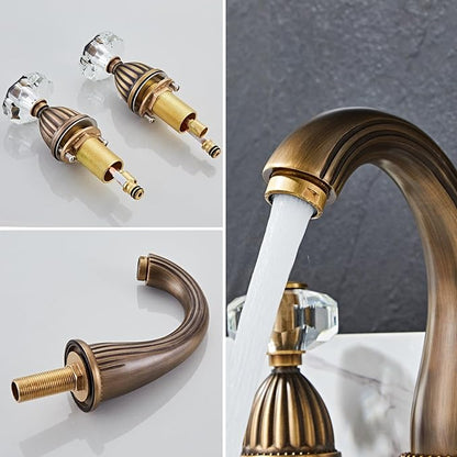 Antique Brass Bathroom Faucet Gold Three Holes Widespread Crystal Handle Bathroom Sink Faucets Retro Vintage Lavatory Vanity Faucet
