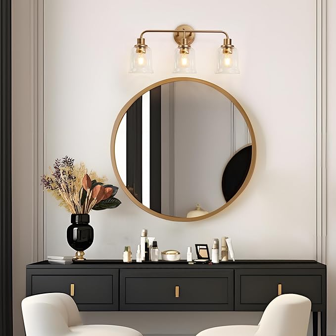 KSANA Gold Bathroom Vanity Light Fixtures with Clear Glass Shade, 3-Light Modern Bathroom Vanity Lights Over Mirror, 22.8”x7.3”x10.8”