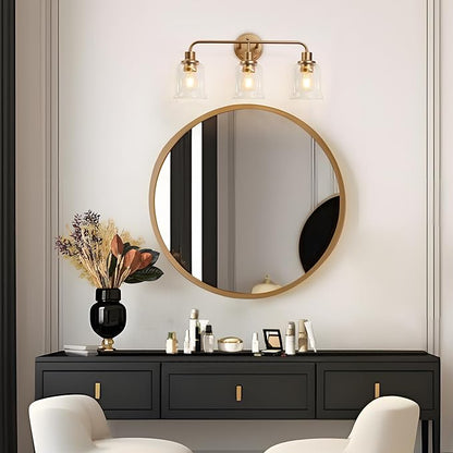 KSANA Gold Bathroom Vanity Light Fixtures with Clear Glass Shade, 3-Light Modern Bathroom Vanity Lights Over Mirror, 22.8”x7.3”x10.8”