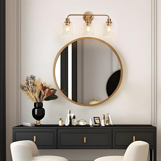 KSANA Gold Bathroom Vanity Light Fixtures with Clear Glass Shade, 3-Light Modern Bathroom Vanity Lights Over Mirror, 22.8”x7.3”x10.8”
