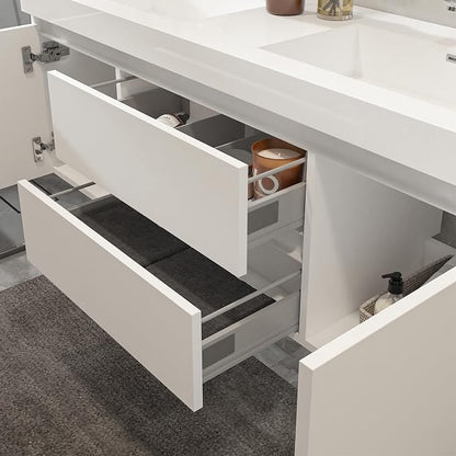 Vanity Art 60 Inch Double Sinks Wall Mounted Bathroom Vanity Set 2 Drawers 4 Shelves Storage Cabinet with White Engineered Stone Top Undermount Rectangle Sinks High-Glossy