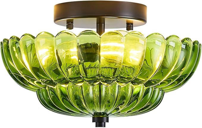 Green Glass Semi Flush Mount Ceiling Light Fixture,11.8 in,3-Lights | Flower Shape,Round Black Base,Use E26 Bulb,Support Dimmable,for Hallway,Bedroom,Bathroom,Foyer,Closet,Entryway,Laundry Room