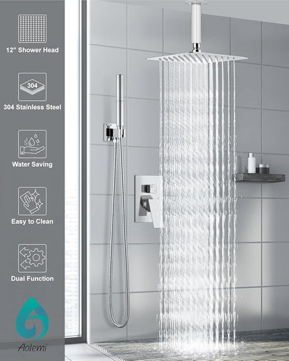 Aolemi Shower System with Rain Head and Handheld,12-Inch,Polish Chrome | High-Pressure Shower Faucet Set with Dual-Function Handheld,Rough-In Valve,1.8 GPM,Ceiling Mount Trim Kit