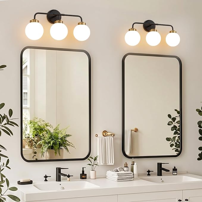 Modern Black and Gold Vanity Lights for Bathroom, Mid Century 3 Light Bathroom Vanity Light with Globe Milky White Glass Shade Over Mirror, Black and Gold Wall Sconce for Bathroom Hallway Living Room