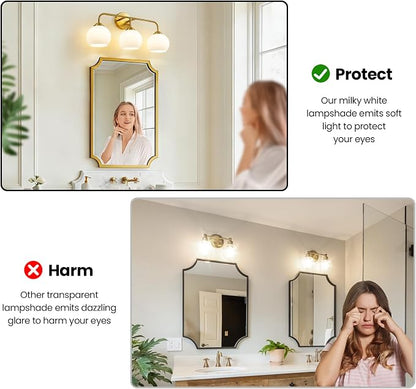 RUIYEY Bathroom Vanity Light Fixtures: 3-Lights Lantern Gold Vanity Lights for Bathroom, 23.6 Inch E26 60W Modern Bathroom Lighting Fixture with Milky White Glass for Bath Restroom
