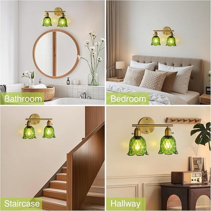 Vintage Bathroom Light Fixtures，2-Light Hardwired Vanity Lights Over Mirror, Brass Wall Sconces with Green Tulip Glass Shade for Bathroom Stairway Bedroom Living Room(Bulbs Not Included,E26 Socket)