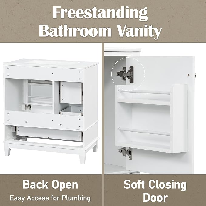 30" Vanity with Sink, Bathroom Vanities 30 Inch with Sink, Single Sink Bathroom Vanity with Shelf and Three Drawers, Soft Close Door, Restroom Vanity with Sink Top (White)