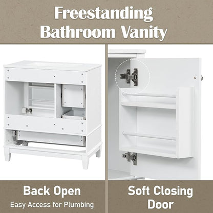 30" Vanity with Sink, Bathroom Vanities 30 Inch with Sink, Single Sink Bathroom Vanity with Shelf and Three Drawers, Soft Close Door, Restroom Vanity with Sink Top (White)