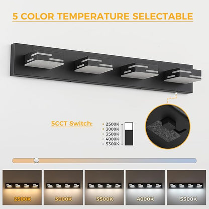 4-Light 5CCT Modern Bathroom Vanity Light Fixtures, 30-Inch 350° Rotatable LED Vanity Lights Over Mirror, Dimmable Matte Black Wall Sconce with Frosted Acrylic Shade