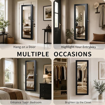 Over the Door Jewelry Organizer, Wall Mounted Jewelry Cabinet, Hanging Mirror with Storage Box, Wall/Door Mounted Full Length Mirror with LED