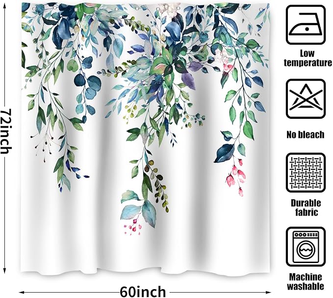 Eucalyptus Shower Curtain, Watercolor Green Leaves Plant Floral Spring Nature Waterproof Fabric Machine Washable with Hooks for Bathroom Bathtub 60Wx72H