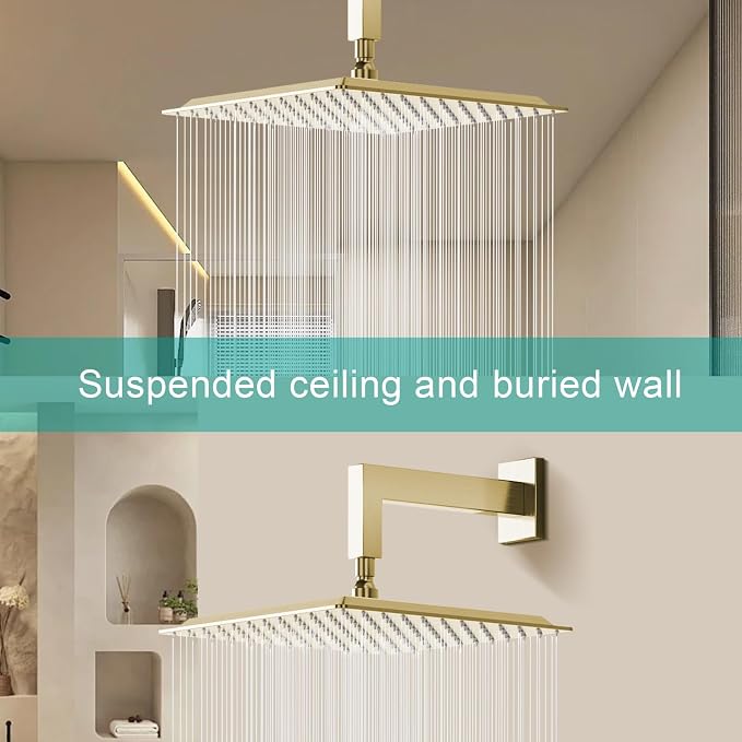 Square Rain Shower Head, High Flow Stainless Steel,Work with any decorative style，All Metal Rainfall Shower Head (Brushed Gold, 12)