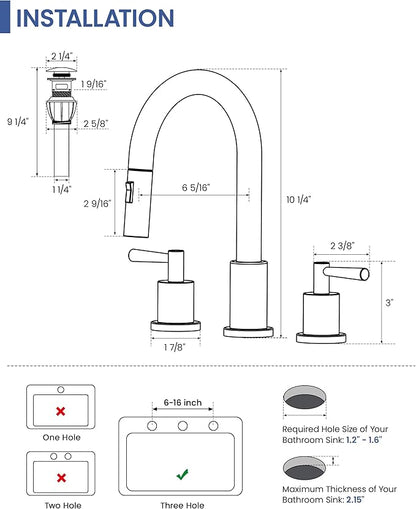 Bathroom Faucet with Sprayer - Matte Black Bathroom Faucet 3 Holes - Widespread Sink Faucets 2 Handles - Pull Down Vanity Faucets with Pop Up Drain and Supply Lines