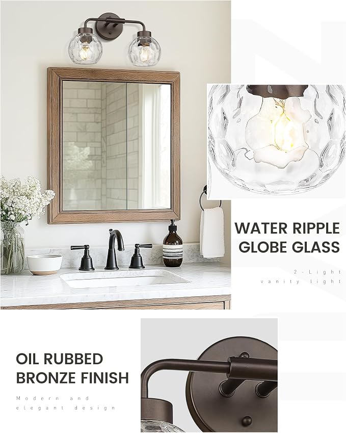 zeyu 2-Light Bathroom Vanity Light, Farmhouse Wall Sconce Lighting with Water Ripple Globe Glass, Oil Rubbed Bronze Finish, ZS62BG-2W ORB-WG